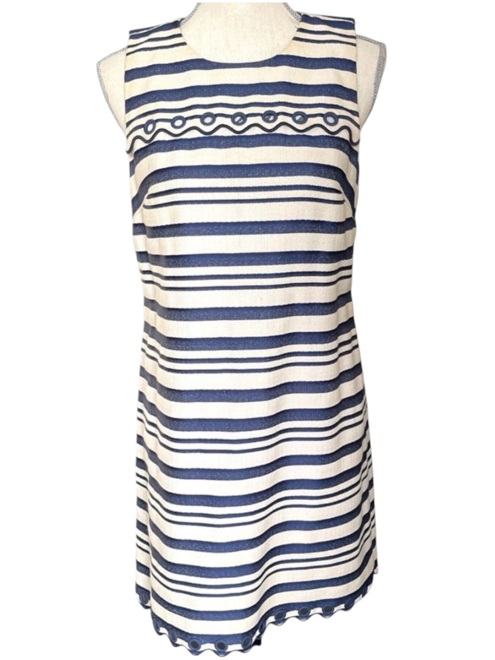 J. Crew Cream/Blue Stripe Sleeveless Cotton Blend Scalloped Grommet Dress (6)